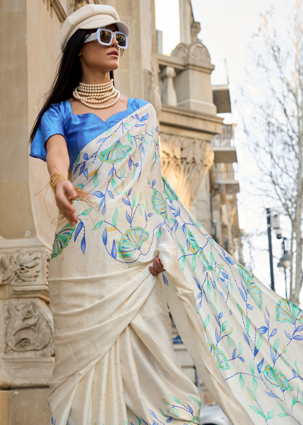 White Luxurious Satin Crepe Saree – Elegance with a Graceful Drape ClothsVilla