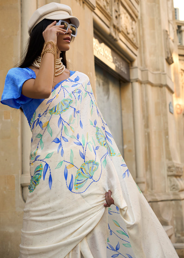 White Luxurious Satin Crepe Saree – Elegance with a Graceful Drape ClothsVilla