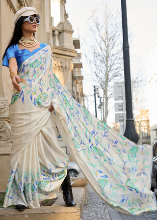 White Luxurious Satin Crepe Saree – Elegance with a Graceful Drape ClothsVilla