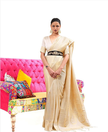 White Luxurious Silk Jacquard Saree with Blouse Piece – Perfect for Festivals ClothsVilla