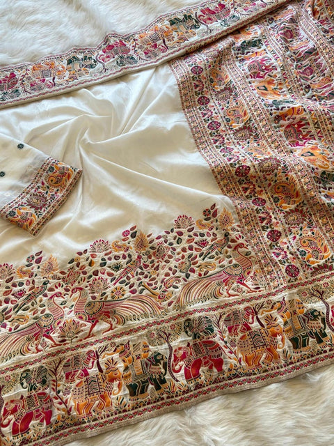 White Luxurious Soft Rajwadi Silk Saree with Kashmiri Thread Woven Pallu & Zari Border ClothsVilla Main image