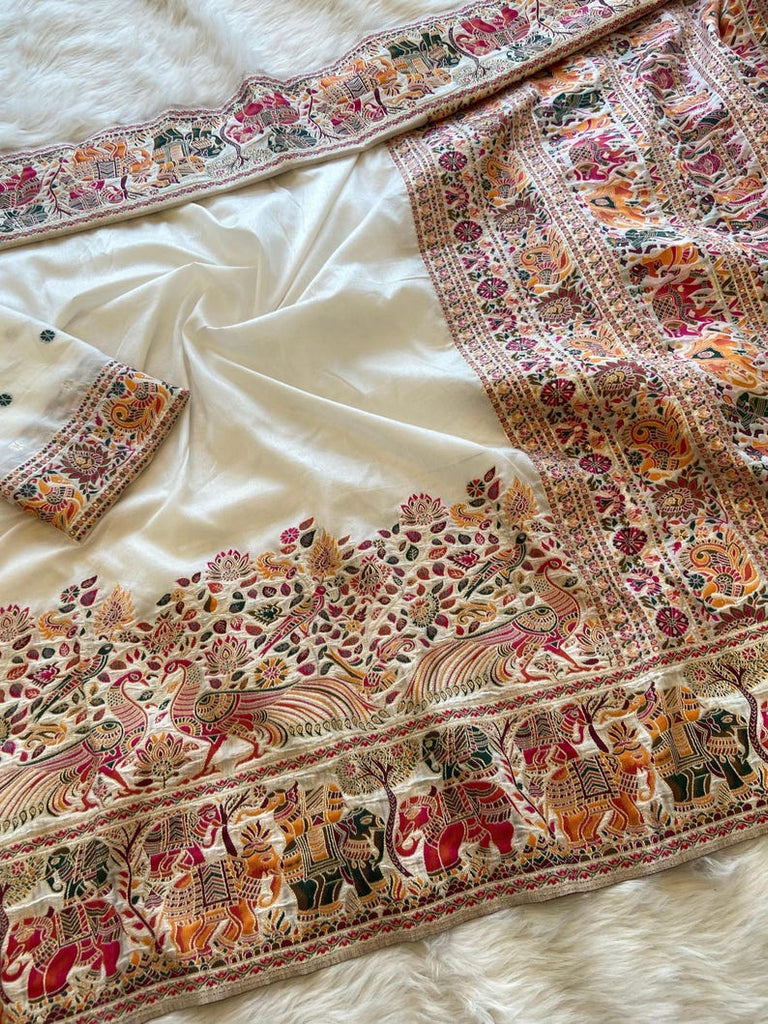 White Luxurious Soft Rajwadi Silk Saree with Kashmiri Thread Woven Pallu & Zari Border ClothsVilla
