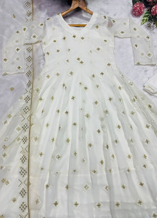 White Luxury Designer Faux Blooming Embroidered Anarkali Suit Set with Pant & Butterfly Net Dupatta ClothsVilla