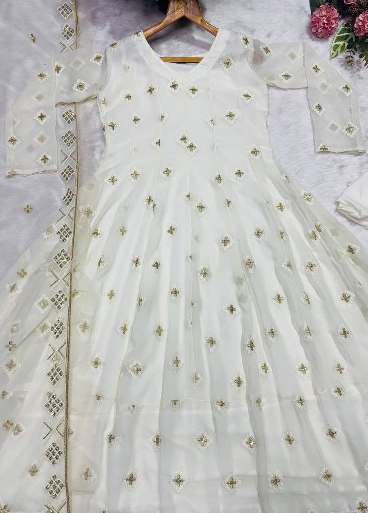 White Luxury Designer Faux Blooming Embroidered Anarkali Suit Set with Pant & Butterfly Net Dupatta ClothsVilla