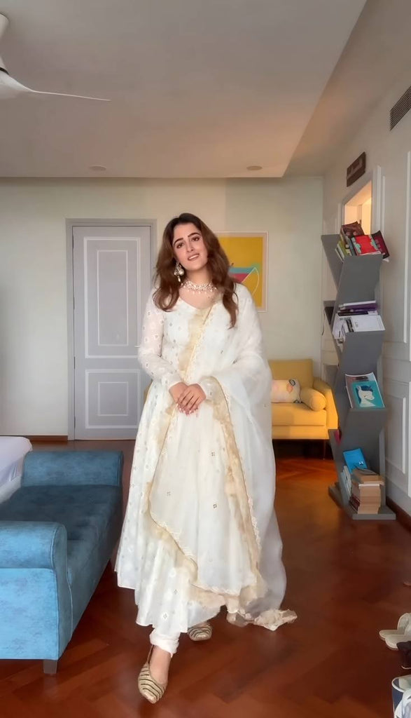 White Luxury Designer Faux Blooming Embroidered Anarkali Suit Set with Pant & Butterfly Net Dupatta ClothsVilla