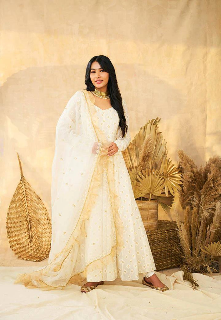 White Luxury Designer Faux Blooming Embroidered Anarkali Suit Set with Pant & Butterfly Net Dupatta XL White Luxury Designer Faux Blooming Embroidered Anarkali Suit Set with Pant & Butterfly Net Dupatta XL