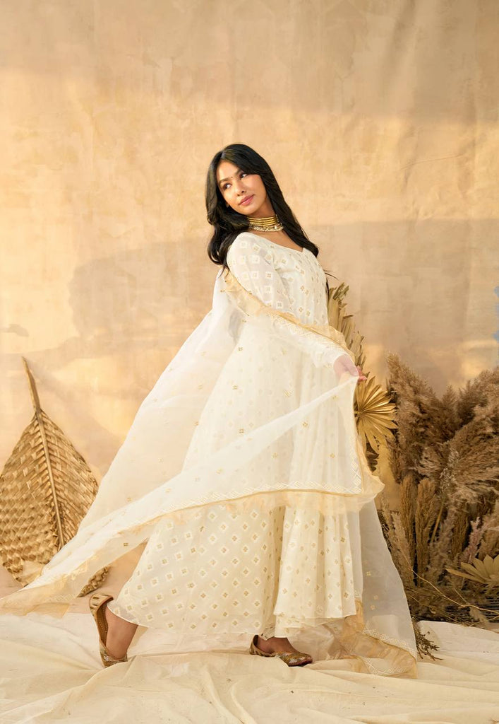 White Luxury Designer Faux Blooming Embroidered Anarkali Suit Set with Pant & Butterfly Net Dupatta ClothsVilla
