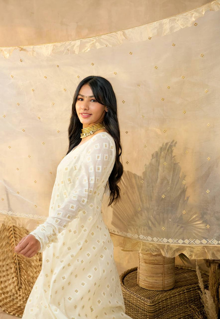 White Luxury Designer Faux Blooming Embroidered Anarkali Suit Set with Pant & Butterfly Net Dupatta ClothsVilla