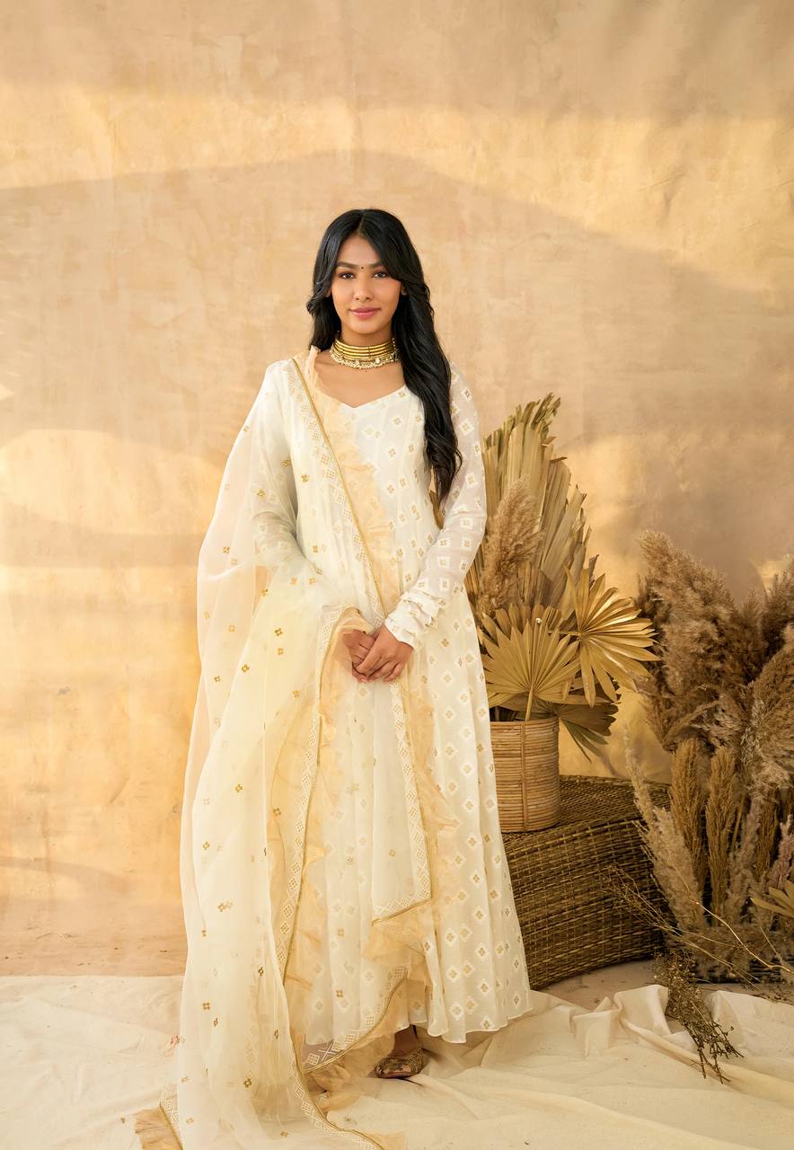 White Luxury Designer Faux Blooming Embroidered Anarkali Suit Set with Pant & Butterfly Net Dupatta ClothsVilla Main image