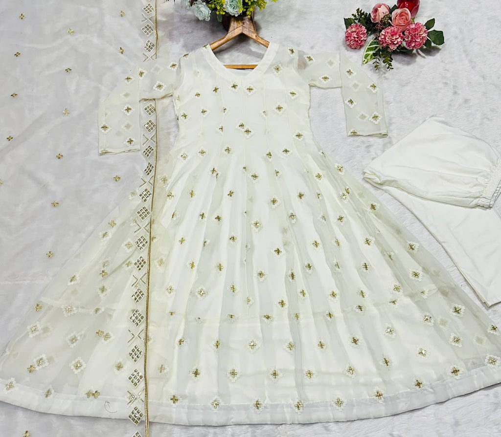 White Luxury Designer Faux Blooming Embroidered Anarkali Suit Set with Pant & Butterfly Net Dupatta ClothsVilla