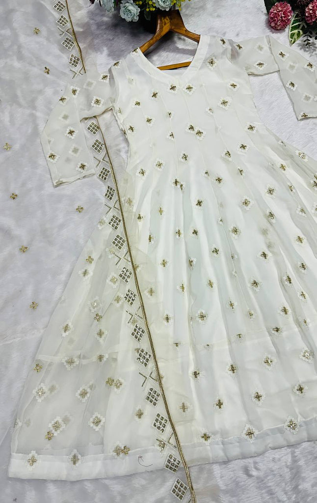 White Luxury Designer Faux Blooming Embroidered Anarkali Suit Set with Pant & Butterfly Net Dupatta ClothsVilla