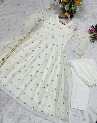 White Luxury Designer Faux Blooming Embroidered Anarkali Suit Set with Pant & Butterfly Net Dupatta ClothsVilla