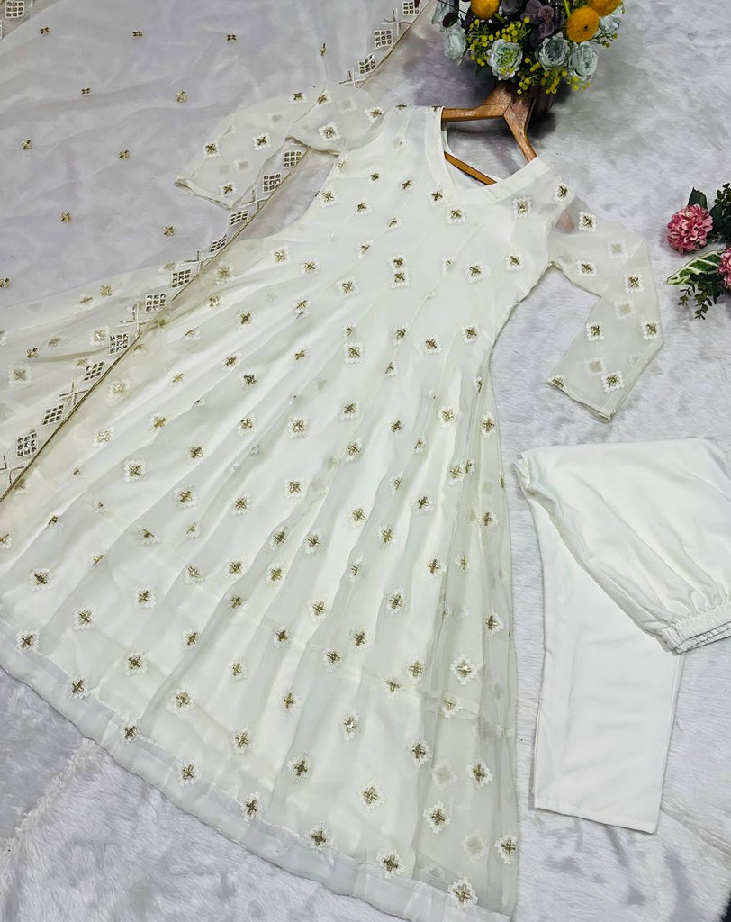 White Luxury Designer Faux Blooming Embroidered Anarkali Suit Set with Pant & Butterfly Net Dupatta ClothsVilla
