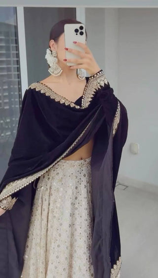 White Luxury Faux Georgette Semi-Stitched Lehenga Set with Velvet Choli & Dupatta ClothsVilla