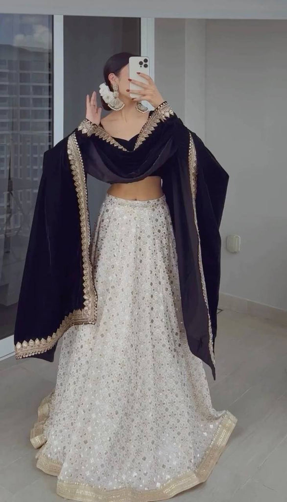 White Luxury Faux Georgette Semi-Stitched Lehenga Set with Velvet Choli & Dupatta ClothsVilla