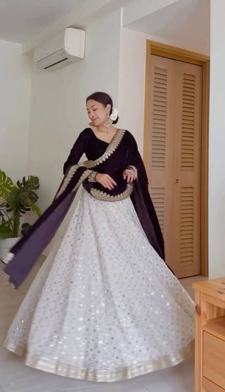 White Luxury Faux Georgette Semi-Stitched Lehenga Set with Velvet Choli & Dupatta ClothsVilla