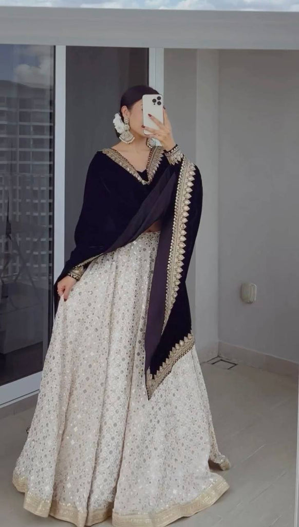 White Luxury Faux Georgette Semi-Stitched Lehenga Set with Velvet Choli & Dupatta ClothsVilla
