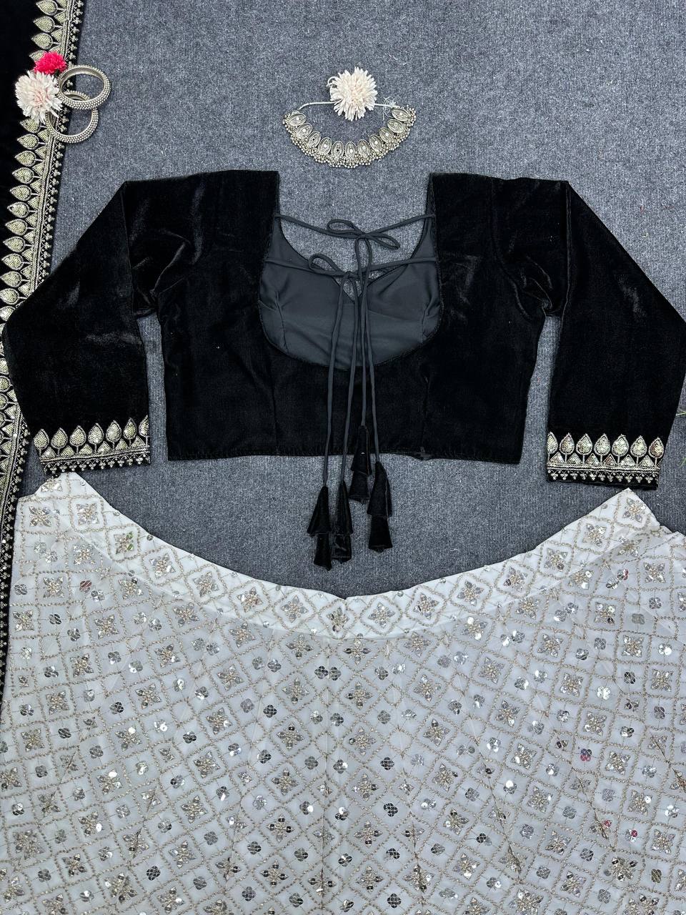 White Luxury Faux Georgette Semi-Stitched Lehenga Set with Velvet Choli & Dupatta ClothsVilla
