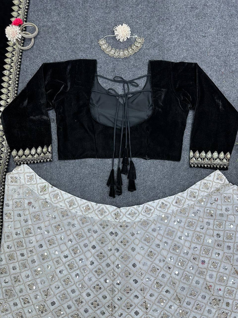 White Luxury Faux Georgette Semi-Stitched Lehenga Set with Velvet Choli & Dupatta ClothsVilla