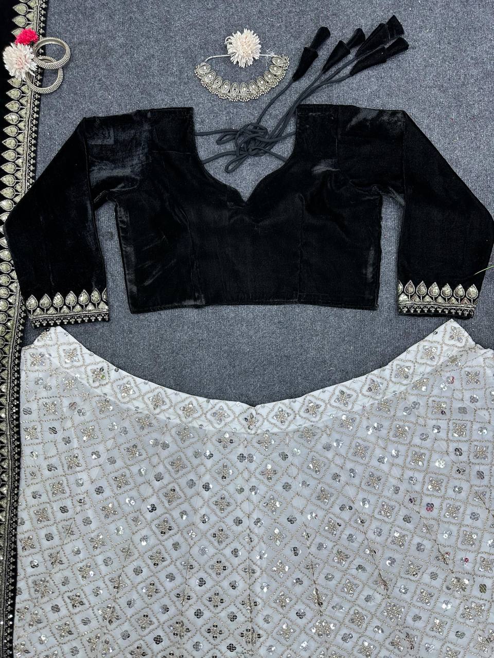White Luxury Faux Georgette Semi-Stitched Lehenga Set with Velvet Choli & Dupatta ClothsVilla