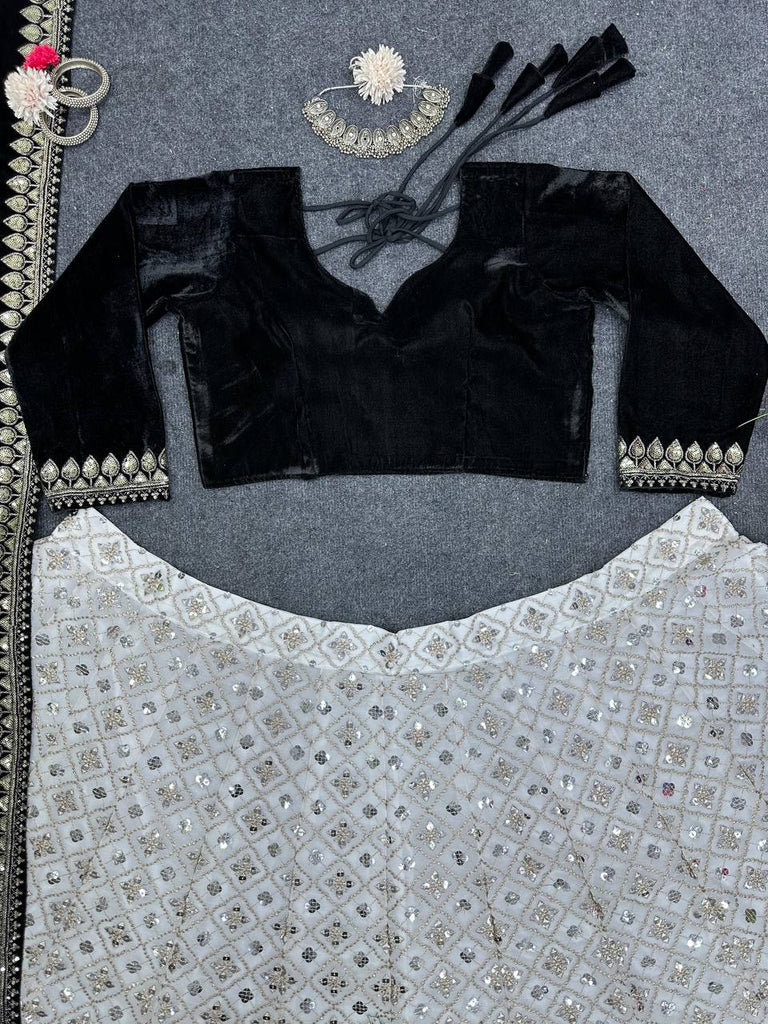 White Luxury Faux Georgette Semi-Stitched Lehenga Set with Velvet Choli & Dupatta ClothsVilla