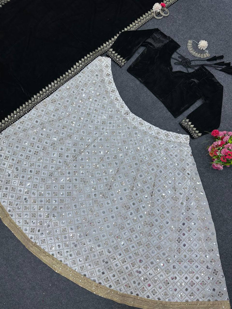 White Luxury Faux Georgette Semi-Stitched Lehenga Set with Velvet Choli & Dupatta ClothsVilla