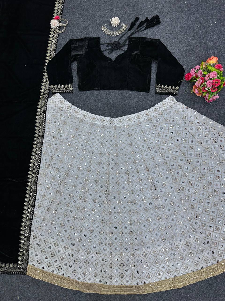 White Luxury Faux Georgette Semi-Stitched Lehenga Set with Velvet Choli & Dupatta ClothsVilla