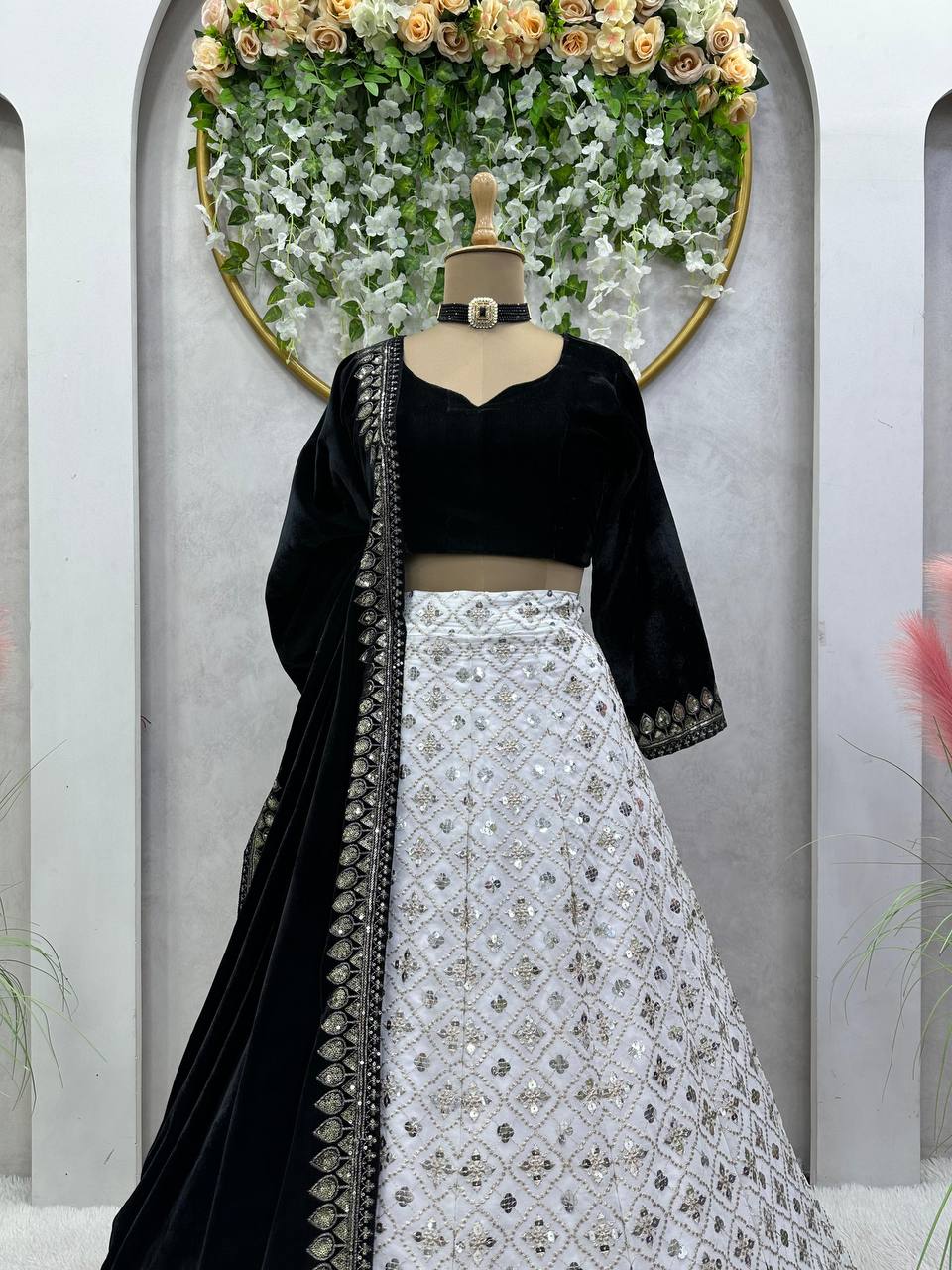 White Luxury Faux Georgette Semi-Stitched Lehenga Set with Velvet Choli & Dupatta ClothsVilla
