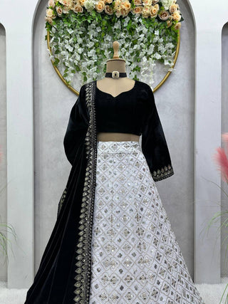 White Luxury Faux Georgette Semi-Stitched Lehenga Set with Velvet Choli & Dupatta ClothsVilla