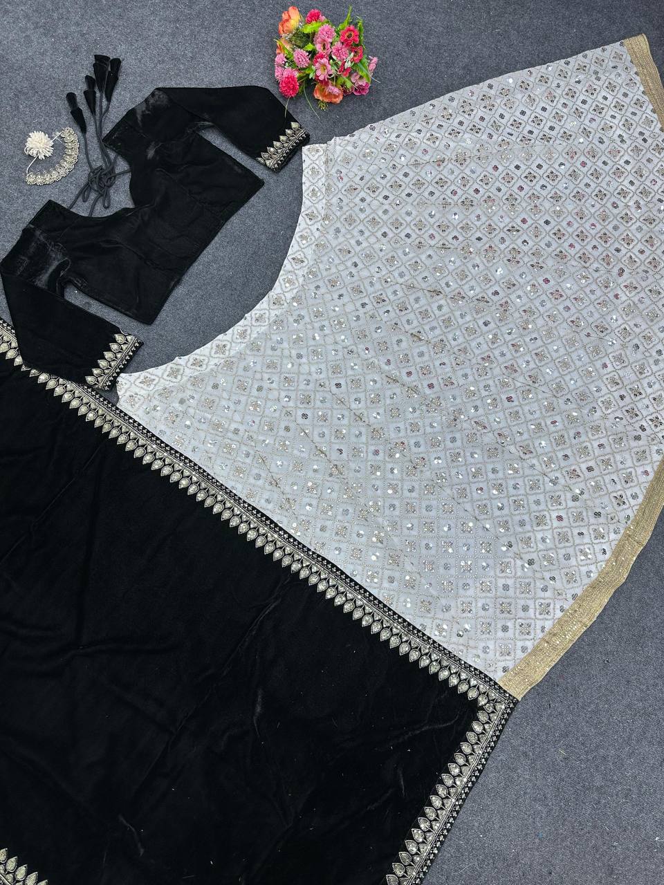 White Luxury Faux Georgette Semi-Stitched Lehenga Set with Velvet Choli & Dupatta ClothsVilla