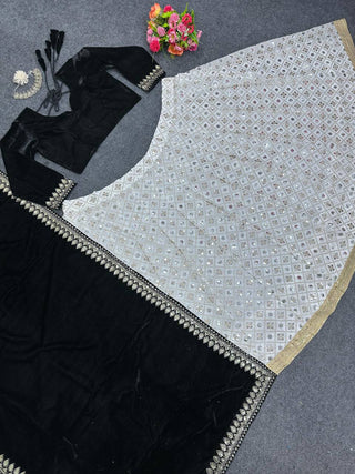 White Luxury Faux Georgette Semi-Stitched Lehenga Set with Velvet Choli & Dupatta ClothsVilla