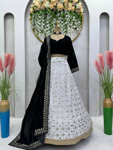 White Luxury Faux Georgette Semi-Stitched Lehenga Set with Velvet Choli & Dupatta ClothsVilla