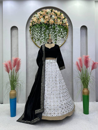 White Luxury Faux Georgette Semi-Stitched Lehenga Set with Velvet Choli & Dupatta ClothsVilla