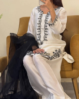 White Luxury Natural Crepe Farshi Plazzo Set with Hand Beadwork & Organza Dupatta ClothsVilla
