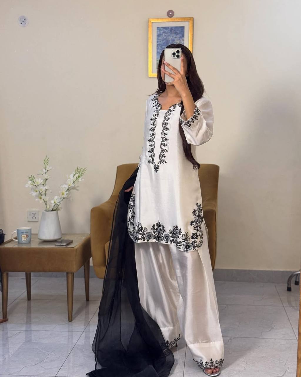 White Luxury Natural Crepe Farshi Plazzo Set with Hand Beadwork & Organza Dupatta Secondary image