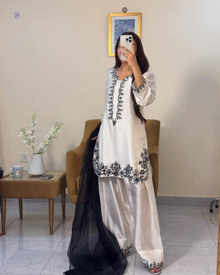 White Luxury Natural Crepe Farshi Plazzo Set with Hand Beadwork & Organza Dupatta ClothsVilla