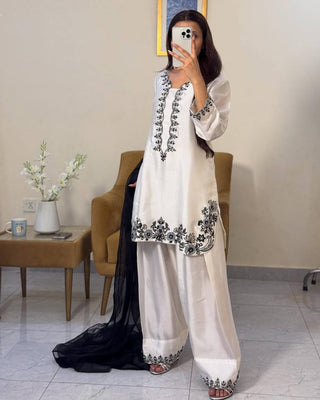 White Luxury Natural Crepe Farshi Plazzo Set with Hand Beadwork & Organza Dupatta ClothsVilla