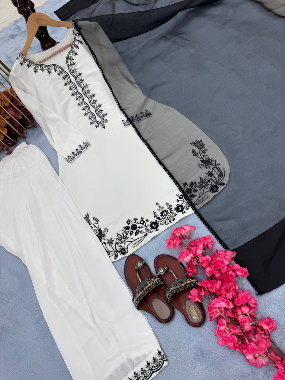 White Luxury Natural Crepe Farshi Plazzo Set with Hand Beadwork & Organza Dupatta ClothsVilla