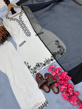 White Luxury Natural Crepe Farshi Plazzo Set with Hand Beadwork & Organza Dupatta ClothsVilla
