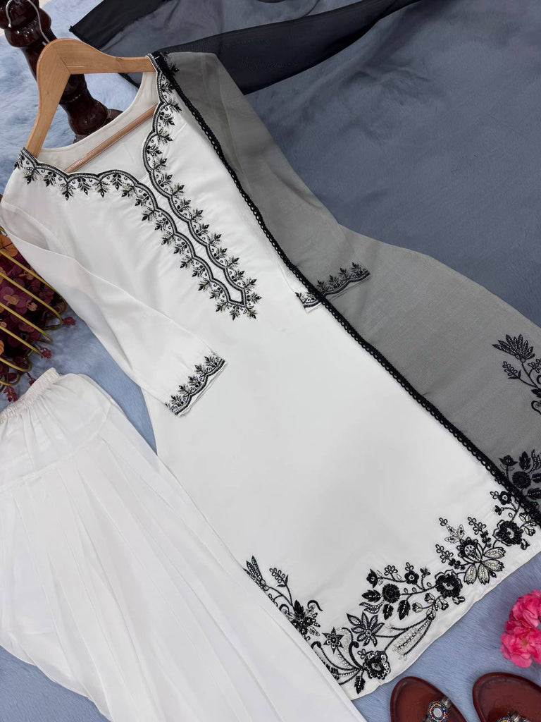 White Luxury Natural Crepe Farshi Plazzo Set with Hand Beadwork & Organza Dupatta ClothsVilla