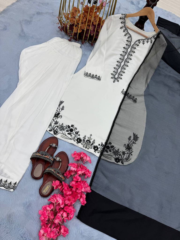 White Luxury Natural Crepe Farshi Plazzo Set with Hand Beadwork & Organza Dupatta ClothsVilla