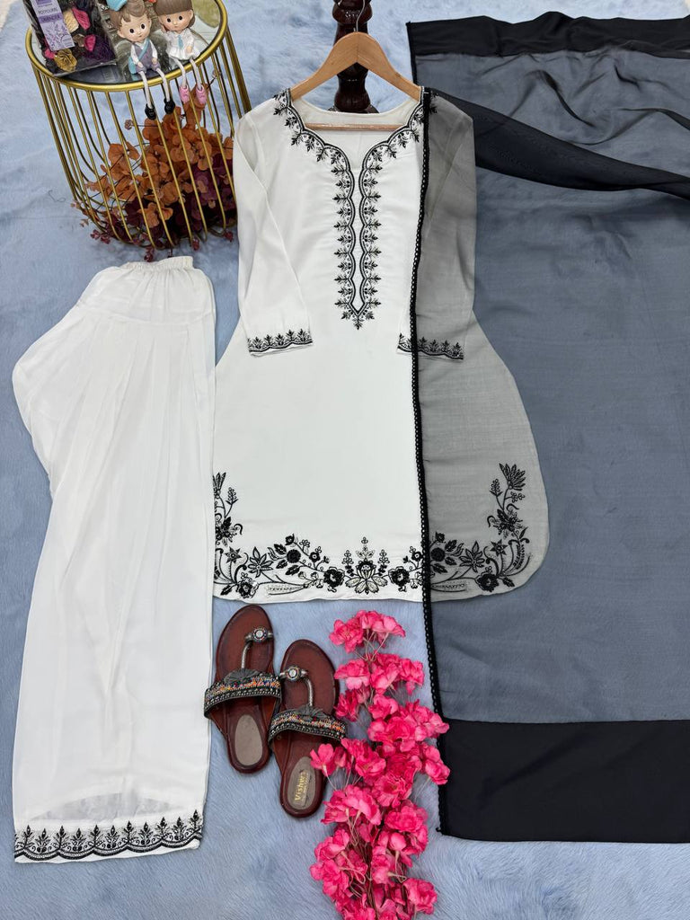 White Luxury Natural Crepe Farshi Plazzo Set with Hand Beadwork & Organza Dupatta ClothsVilla