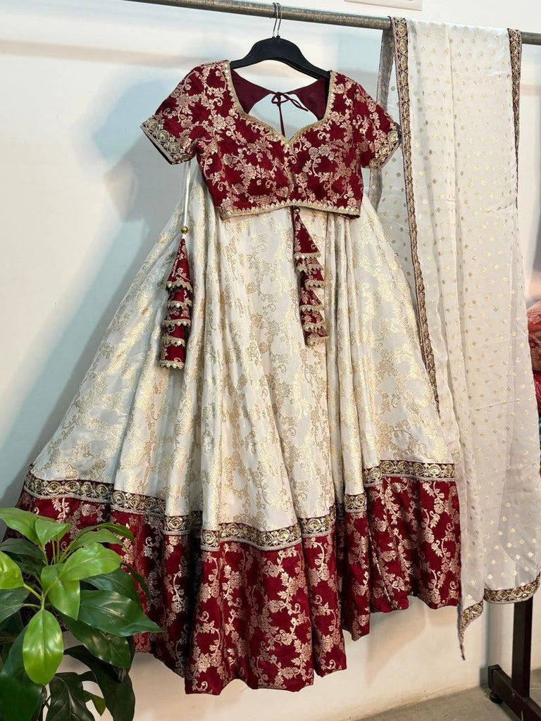 White & Maroon Glamorous Jequrd Semi-Stitched Lehenga Set with Sequins & Coding Work ClothsVilla