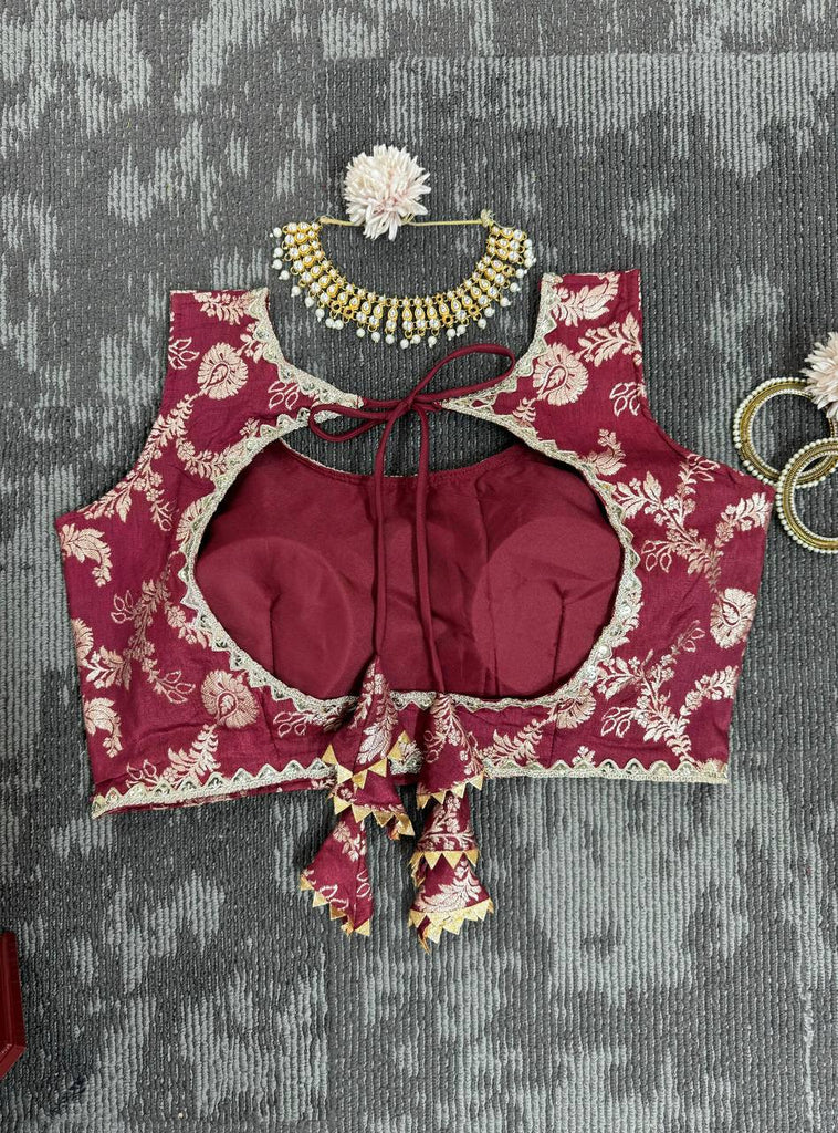 White & Maroon Glamorous Jequrd Semi-Stitched Lehenga Set with Sequins & Coding Work ClothsVilla