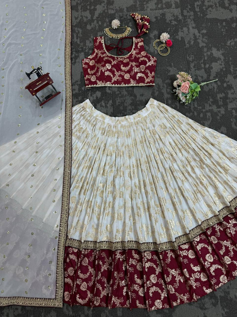 White & Maroon Glamorous Jequrd Semi-Stitched Lehenga Set with Sequins & Coding Work ClothsVilla
