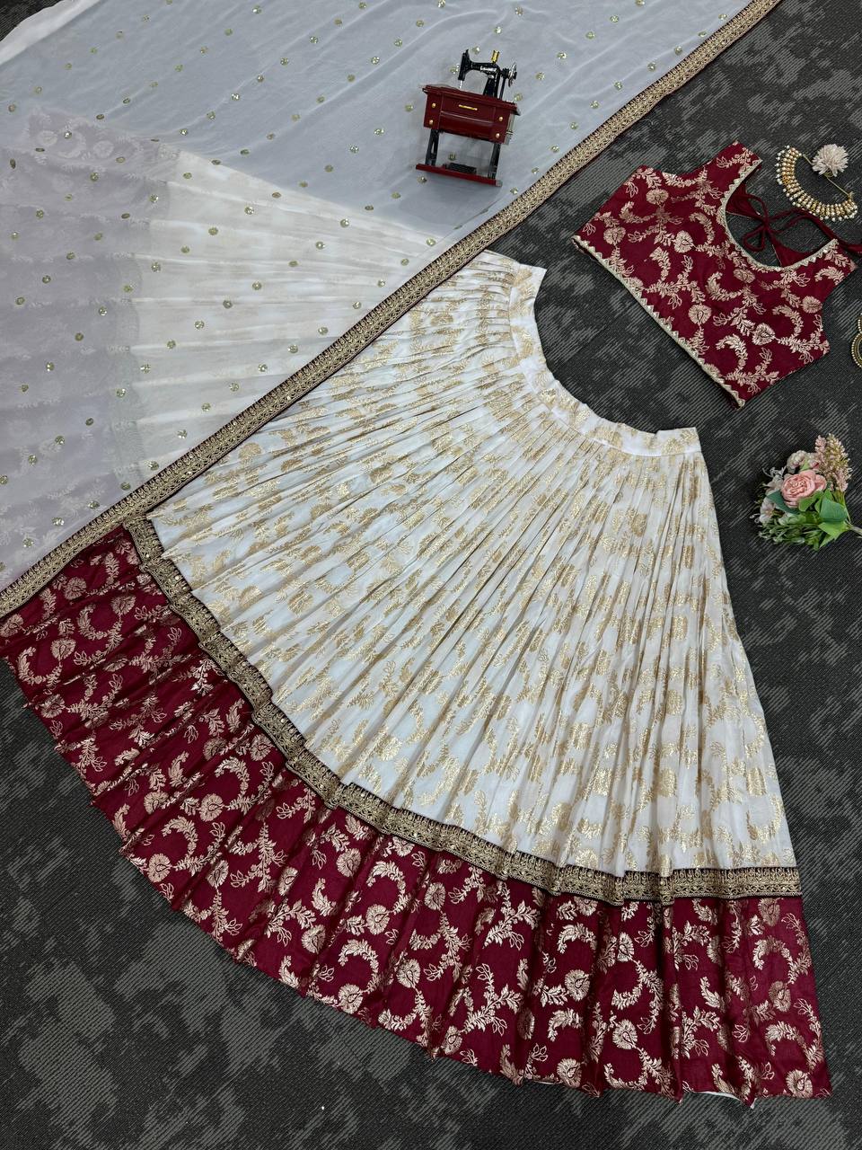 White & Maroon Glamorous Jequrd Semi-Stitched Lehenga Set with Sequins & Coding Work ClothsVilla