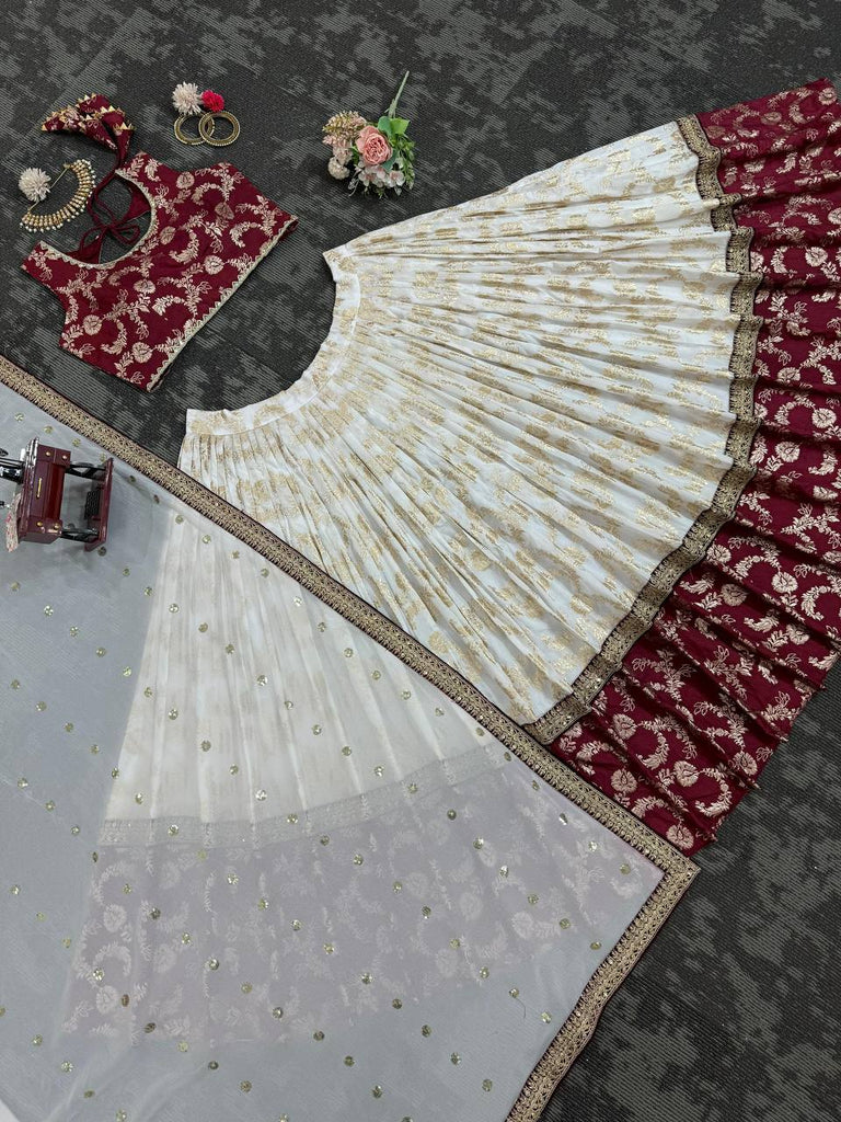 White & Maroon Glamorous Jequrd Semi-Stitched Lehenga Set with Sequins & Coding Work ClothsVilla