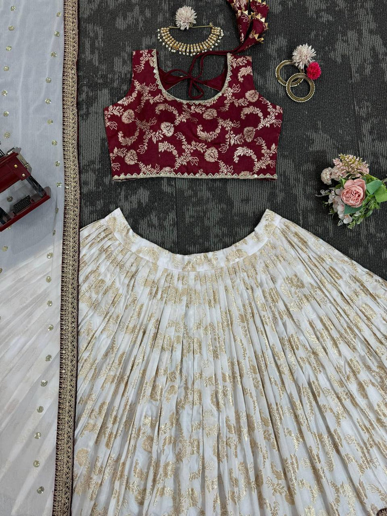 White & Maroon Glamorous Jequrd Semi-Stitched Lehenga Set with Sequins & Coding Work ClothsVilla