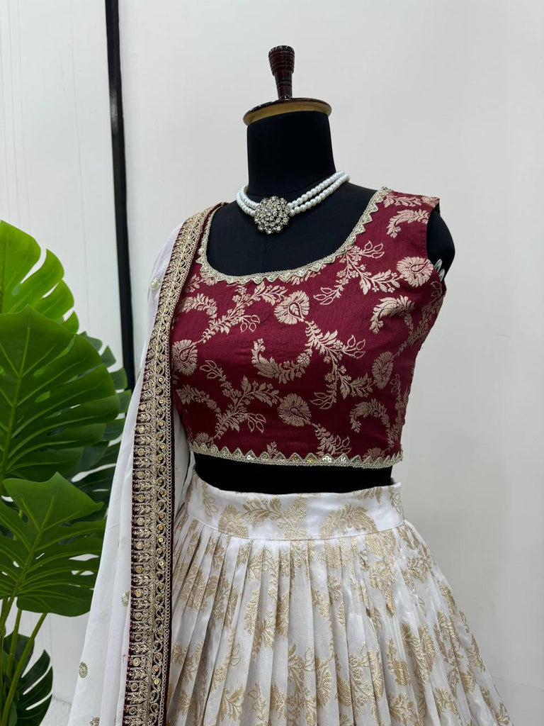 White & Maroon Glamorous Jequrd Semi-Stitched Lehenga Set with Sequins & Coding Work ClothsVilla