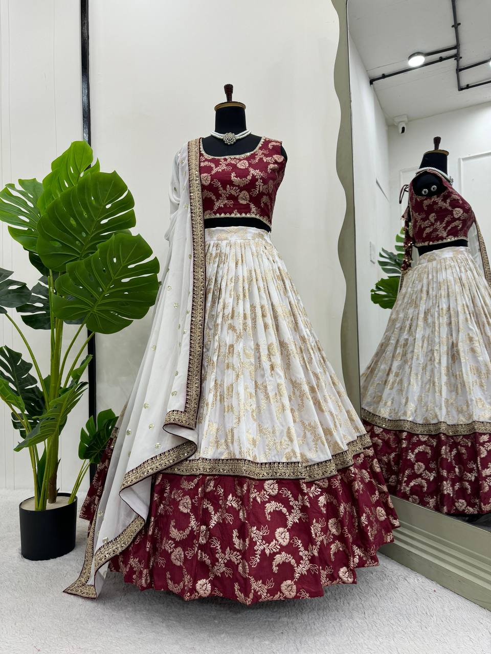 White & Maroon Glamorous Jequrd Semi-Stitched Lehenga Set with Sequins & Coding Work ClothsVilla